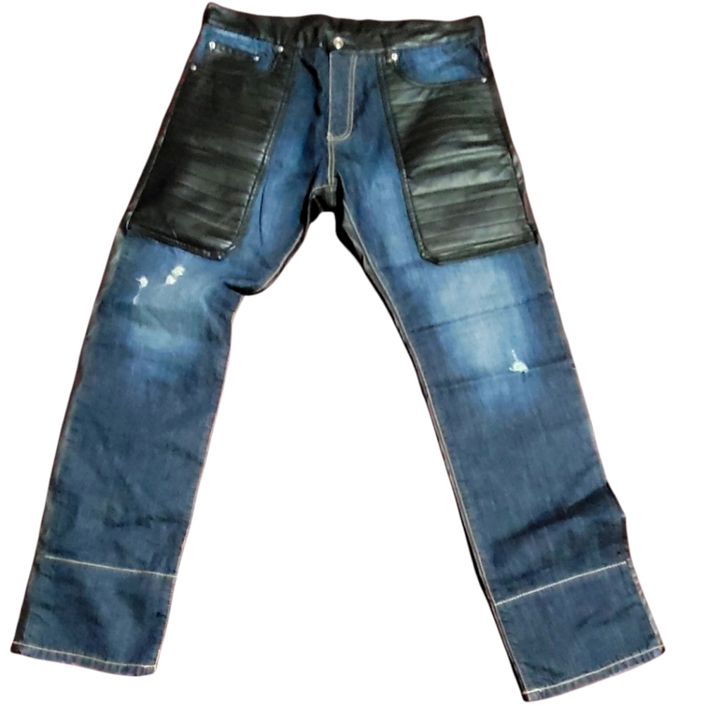 WINCHESTER Men's Black Leather Panel Distressed Straight Leg Jeans
